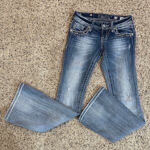 Miss Me Women's Flared Jeans in Faded Blue with Embellished Pockets